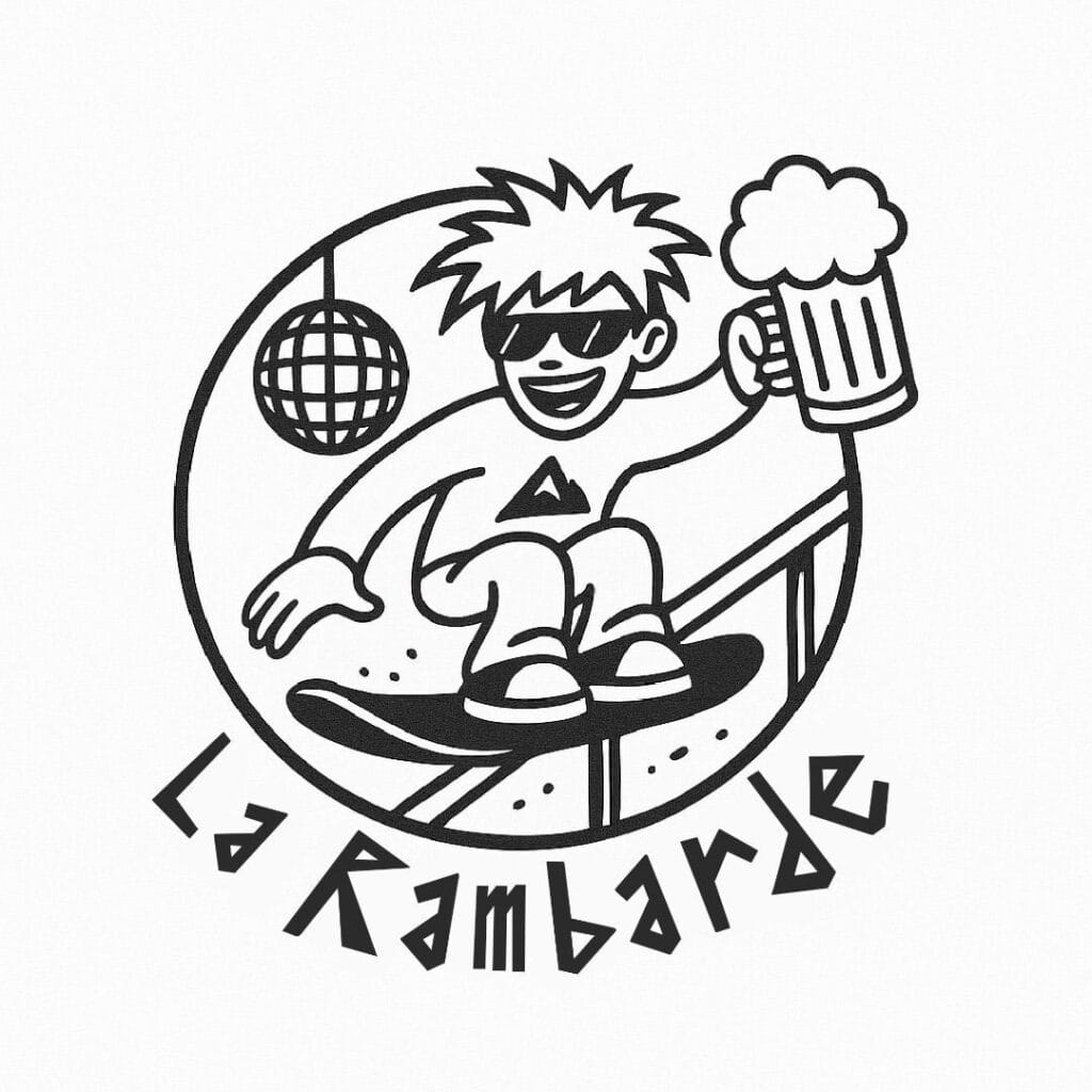 Black and white cartoon-style logo for La Rambarde, showing a character skateboarding down a rail while holding a beer and smiling, with a disco ball hanging above. The playful design reflects the bar's energetic and fun atmosphere.