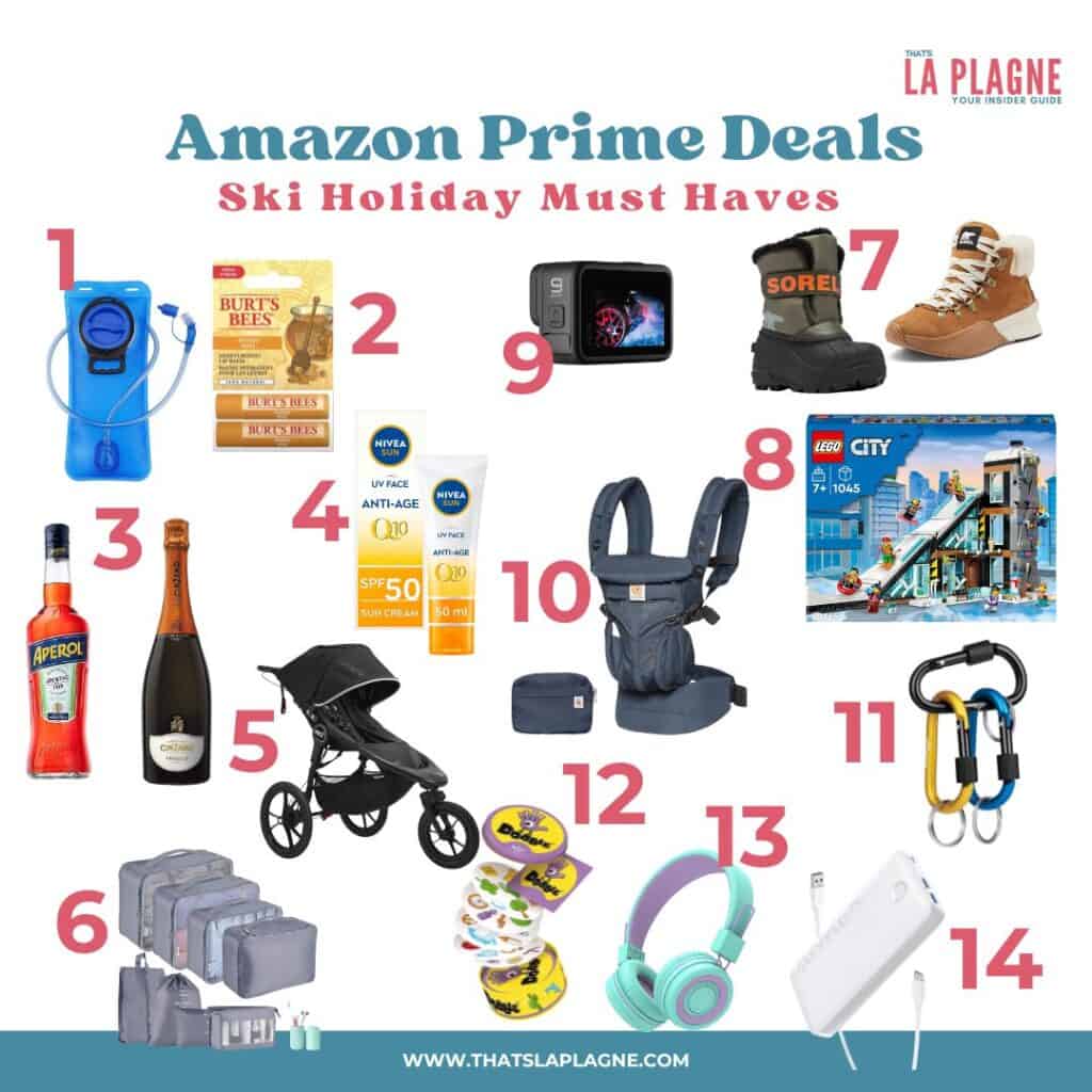 Collage-style graphic titled "Amazon Prime Deals: Ski Holiday Must Haves," showcasing 14 travel essentials. Items include a hydration pack, Burt’s Bees lip balm set, Aperol and champagne, Nivea SPF 50 sunscreen, a jogging stroller, packing cubes, kids’ winter boots, LEGO ski resort set, a GoPro camera, a baby carrier, colorful carabiners, hand warmers, kids' headphones, and a portable phone charger. Perfect for families planning a snowy getaway.
