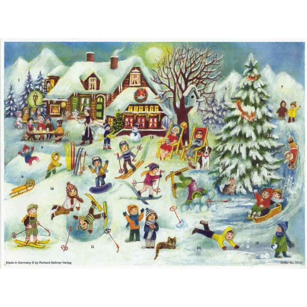 A vintage-style illustrated advent calendar showing a snow-covered village with playful children skiing, sledding, skating, and enjoying winter activities, surrounded by decorated trees and cozy homes.