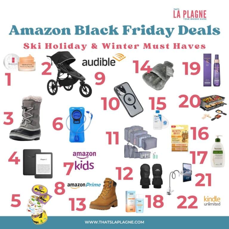 A visual gift guide titled "Amazon Black Friday Deals – Ski Holiday & Winter Must Haves" from That’s La Plagne, featuring 22 numbered product suggestions. Items include lip balm, a jogging stroller, winter boots, an e-reader, travel games, a hydration pack, Amazon Kids and Prime subscriptions, Audible, a MagSafe phone case, packing cubes, waterproof boots, mittens, faux fur earmuffs, Cerave moisturizer, Burt's Bees gift set, Aveeno lotion, a grill set, phone mount, travel sunscreen, and Kindle Unlimited. The image has a clean layout with a winter theme and product icons.
