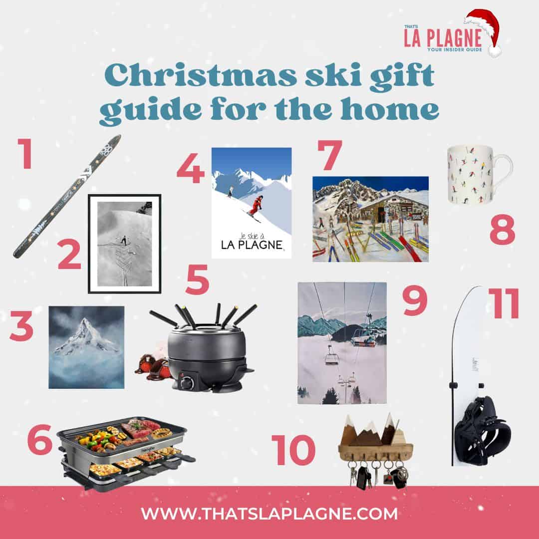 A Christmas ski gift guide for the home from “That’s La Plagne,” displaying eleven numbered gift ideas: decorative skis, a black and white ski slope print, a mountain peak painting, a vintage-style Je Skie à La Plagne poster, a fondue pot set, an electric grill with compartments for cheese and vegetables, a colorful ski resort painting, a mug with skiing figures, a ski lift wall art print, a mountain-themed wooden key holder, and a wall-mounted ski pole and gear rack. The background is snowy white with festive accents and branding.