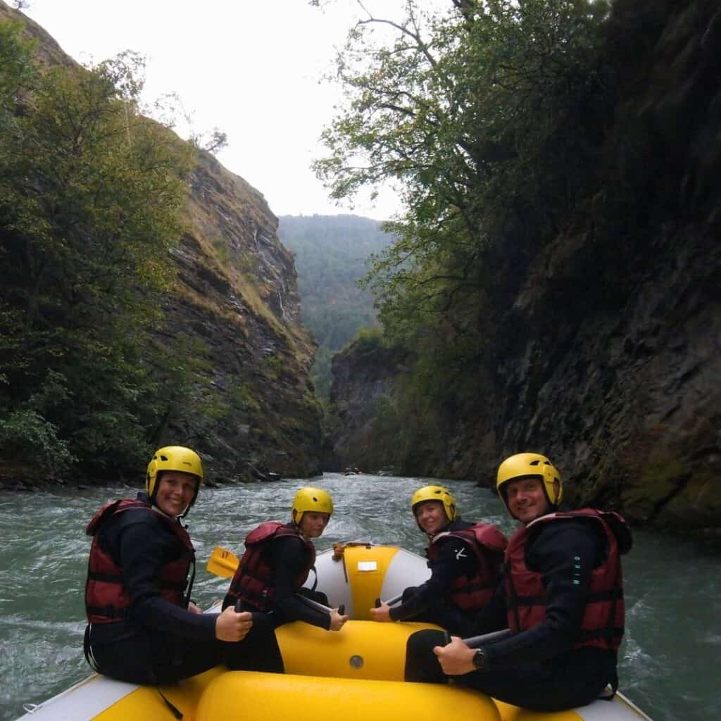 Friends white water rafting through the spectacular Centron Gorge on the Isère River near La Plagne.
