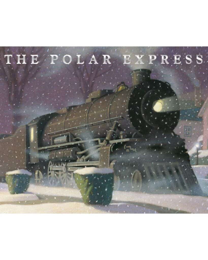 The Polar Express by Chris Van Allsburg: Moody nighttime cover of a classic steam train chugging through snow, illuminated by its glowing headlight, with snow falling heavily around it.
