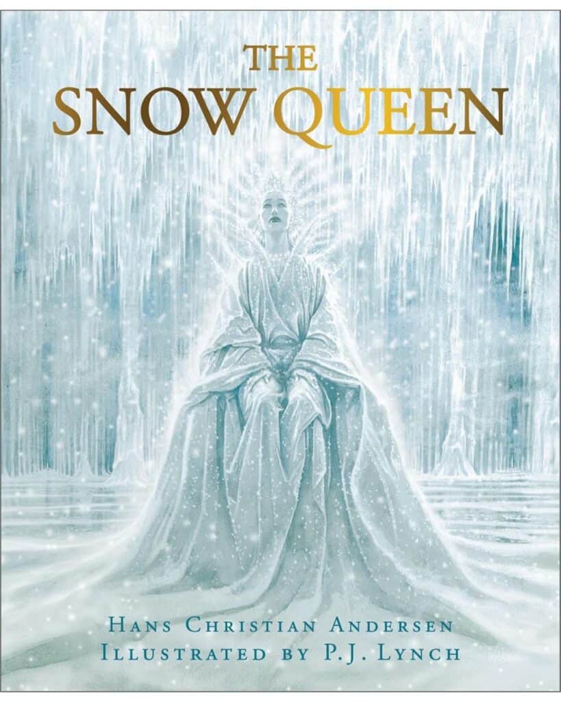 The Snow Queen by Hans Christian Andersen, illustrated by P.J. Lynch: Elegant, icy book cover showing the Snow Queen seated in a frozen palace, surrounded by sparkling icicles and cascading frost, evoking a mystical and wintry atmosphere.