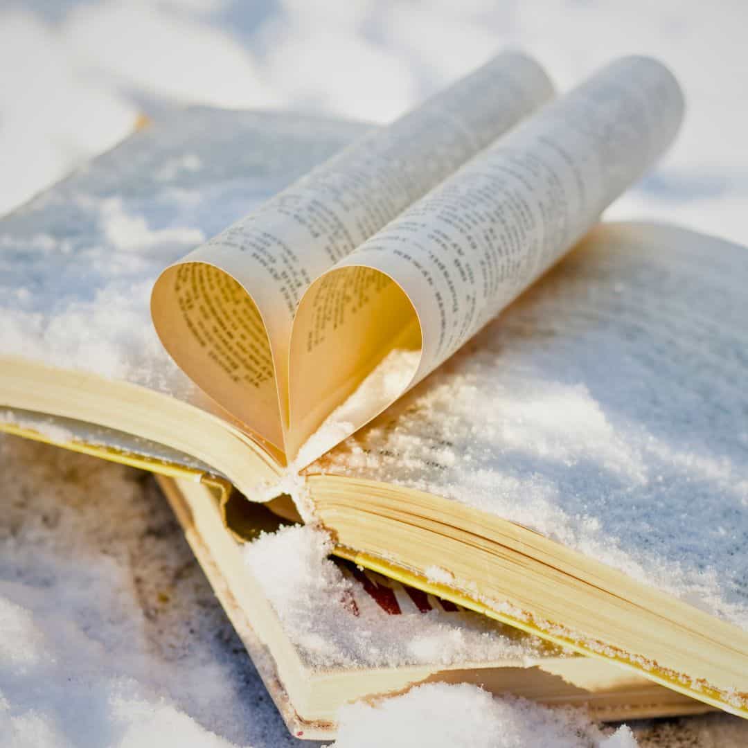 An open book lies on snow-covered ground with two of its pages curled inward to form the shape of a heart, symbolizing a love for reading even in wintry conditions.