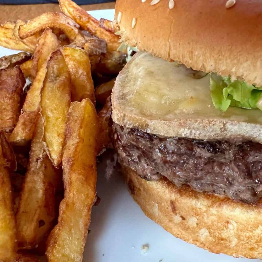 Juicy cheeseburger with melted cheese, lettuce, and a sesame seed bun, served alongside thick-cut golden fries on a white plate.