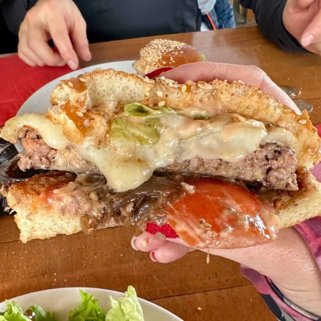 Close-up of a juicy cheeseburger cut in half, showing melted cheese, lettuce, tomato, and a thick beef patty inside a sesame bun, held in someone’s hand over a table.