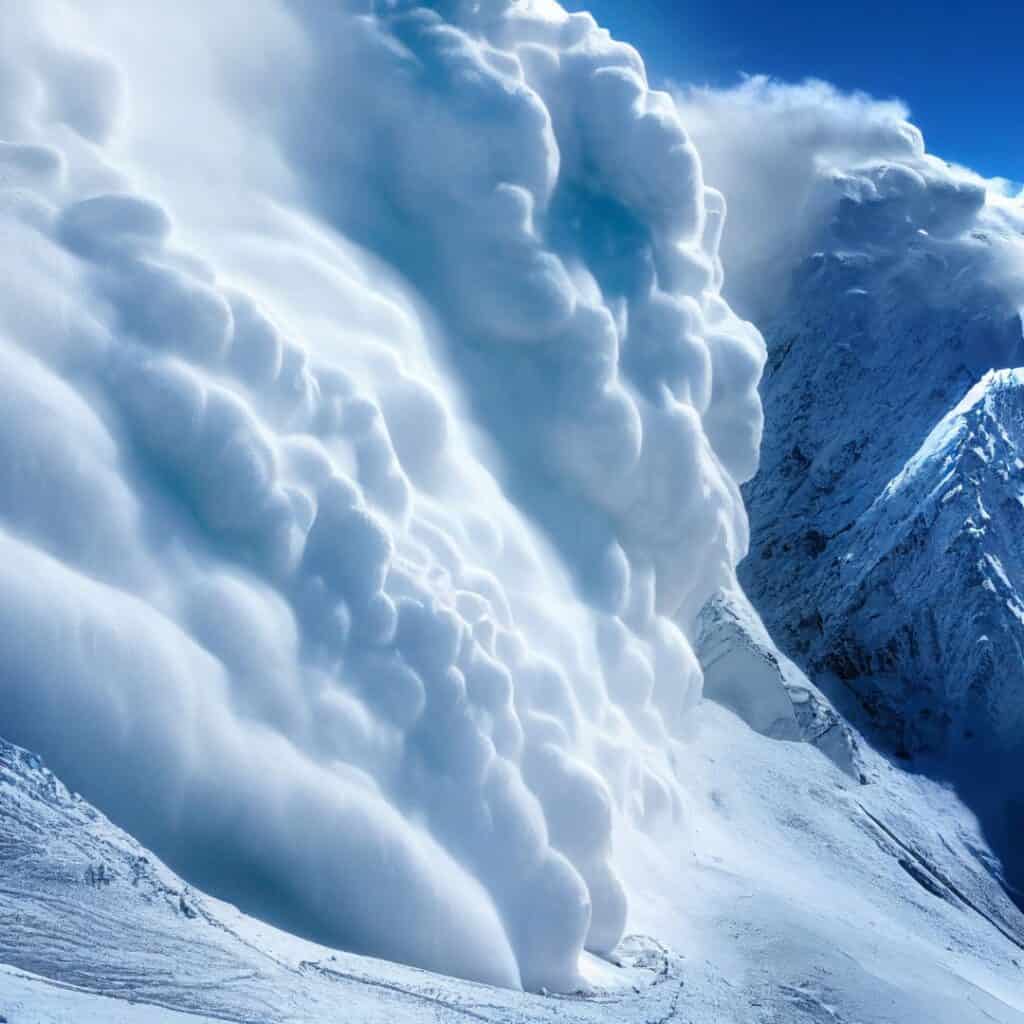 A massive avalanche cascades down a steep snow-covered mountain, sending thick, billowing clouds of snow into the valley below. The force and scale of the snow slide dominate the rugged alpine landscape under a bright blue sky.