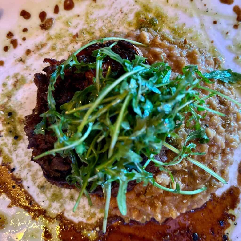 Plated gourmet dish featuring a seared piece of meat on a bed of lentils or risotto, topped with a generous handful of fresh arugula and surrounded by a drizzle of green herb oil and sauce.