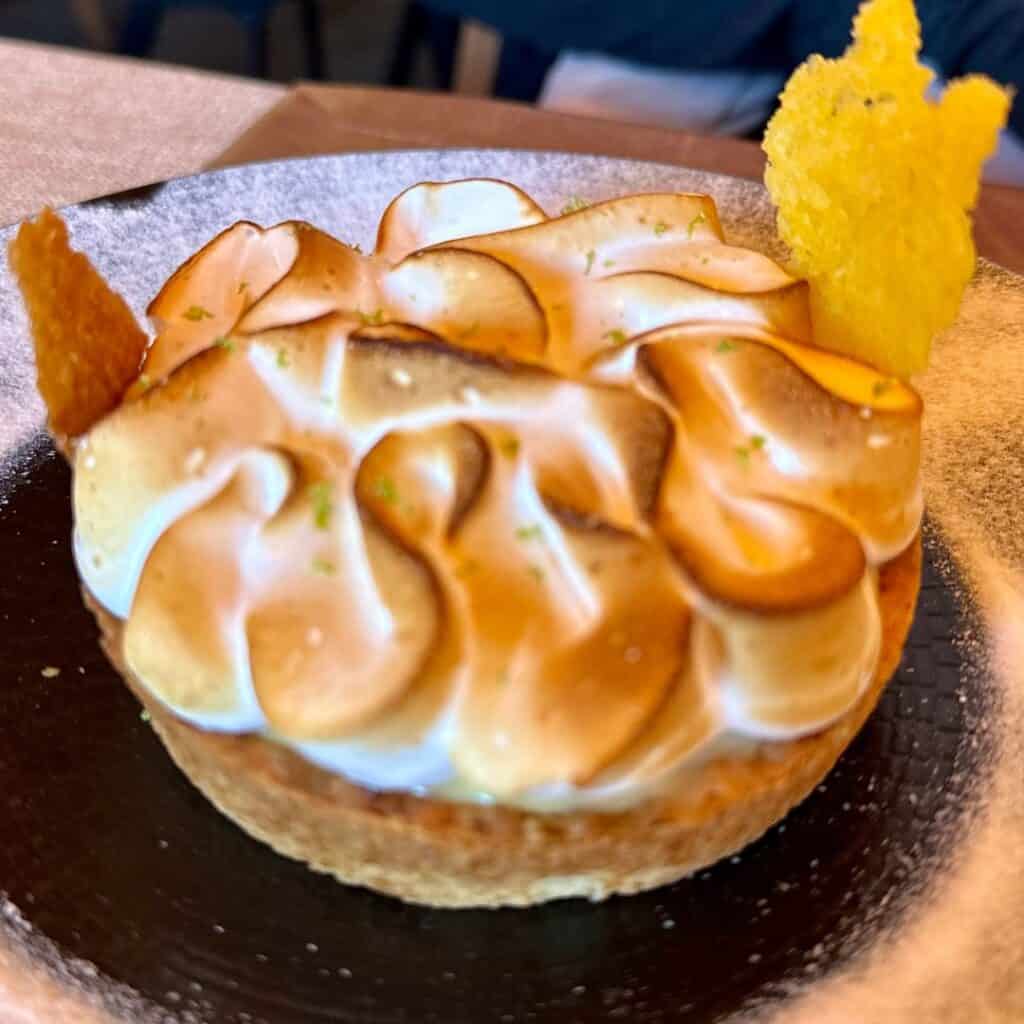 A golden brown lemon meringue tart with beautifully toasted peaks, garnished with candied citrus slices and dusted with powdered sugar on a dark plate.