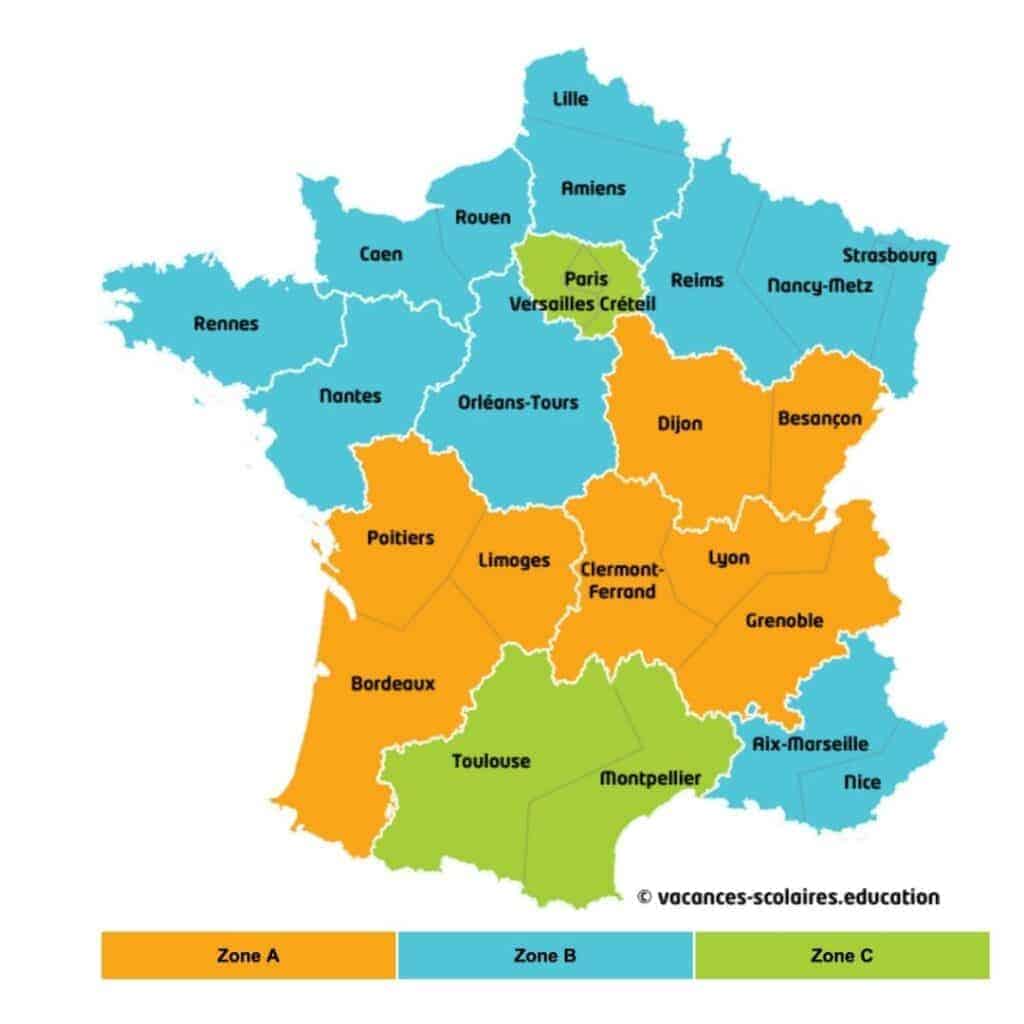 Color-coded map of France showing the three academic zones for school holidays: Zone A in orange (including cities like Lyon, Bordeaux, and Dijon), Zone B in blue (including Lille, Nantes, and Strasbourg), and Zone C in green (covering Paris, Toulouse, and Montpellier). The map includes regional labels and a legend at the bottom indicating the color for each zone.