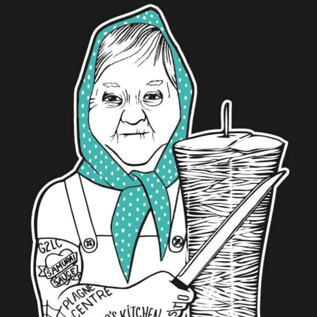 A black-and-white digital illustration of an elderly woman wearing a polka-dotted headscarf and overalls. She holds a large knife next to a vertical stack of meat, resembling a shawarma or döner kebab. Her arms are covered in tattoo-like text, including phrases such as "SATURN SAUCE," "PLAGNE CENTRE," and "MAMA'S KITCHEN." The background is solid black, making the bold line art stand out.