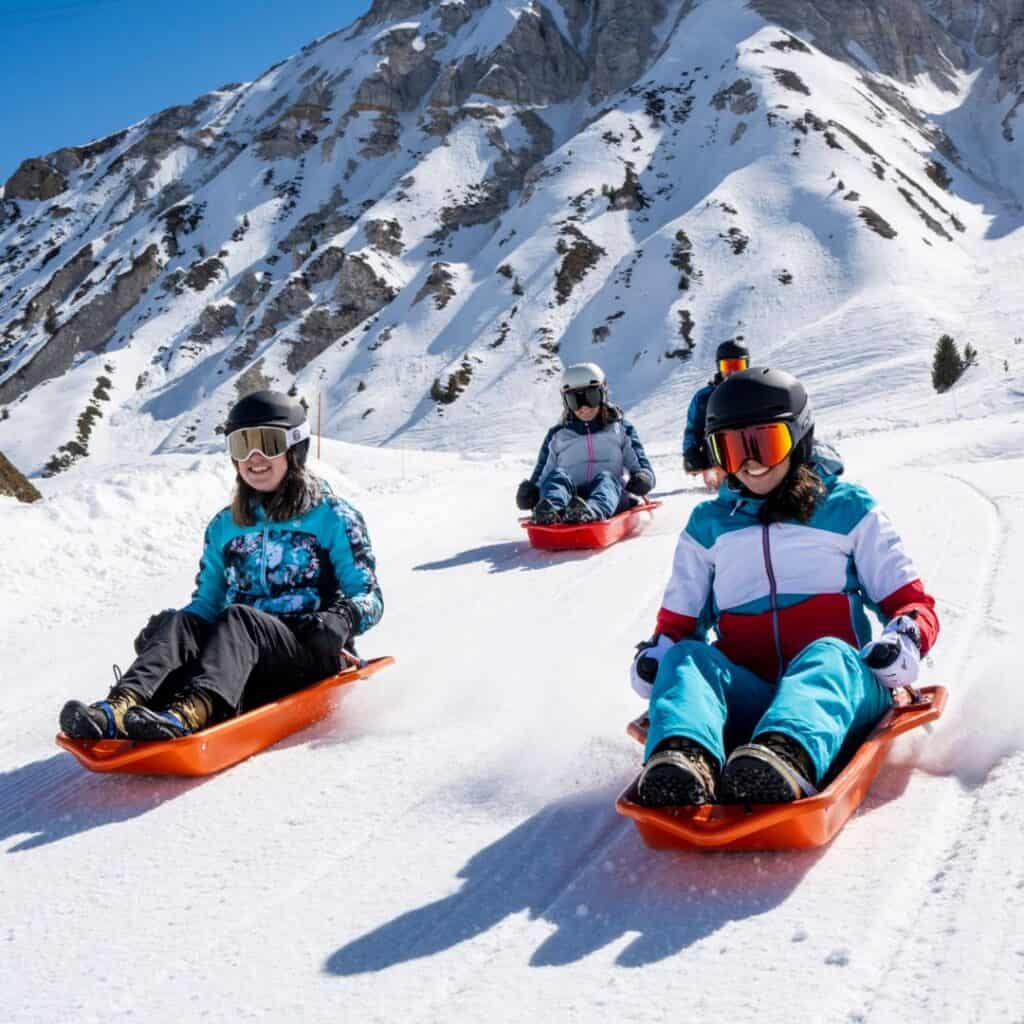Group of friends in helmets race downhill on sleds with snowy peaks behind, enjoying outdoor fun close to the best accommodation Plagne Centre.