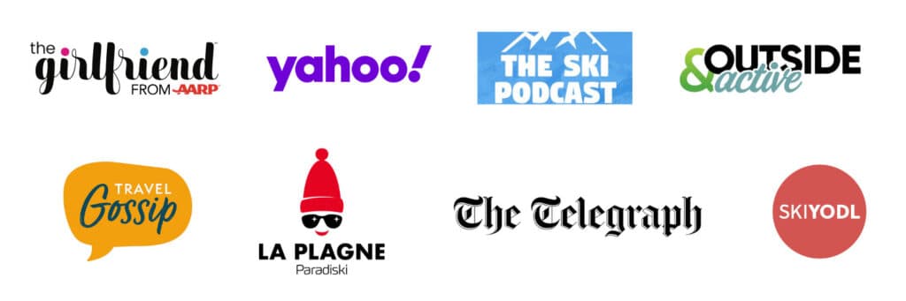 A collection of logos showing media features and brand partnerships for That's La Plagne, including La Plagne Paradiski, Yahoo!, The Telegraph, The Ski Podcast, and more, highlighting trusted collaborations within the La Plagne travel and ski community.