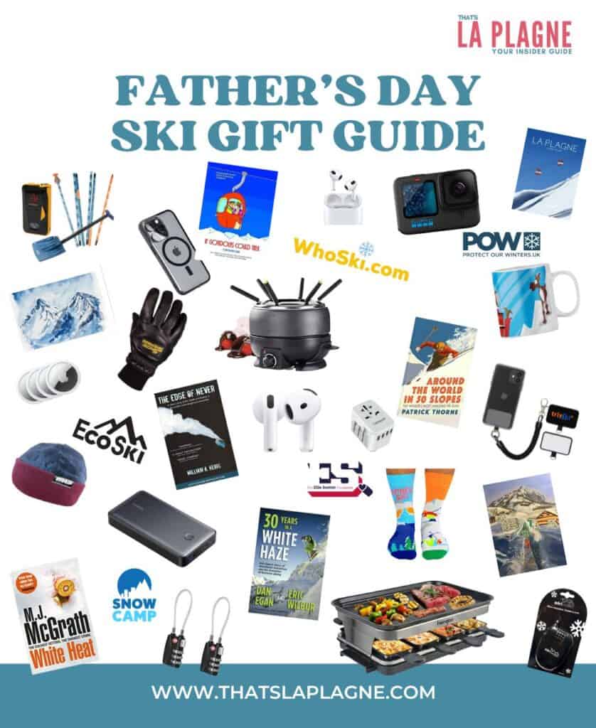Visual guide of top ski gift ideas for dads, including tech gadgets, fondue sets, books, and mountain gear.