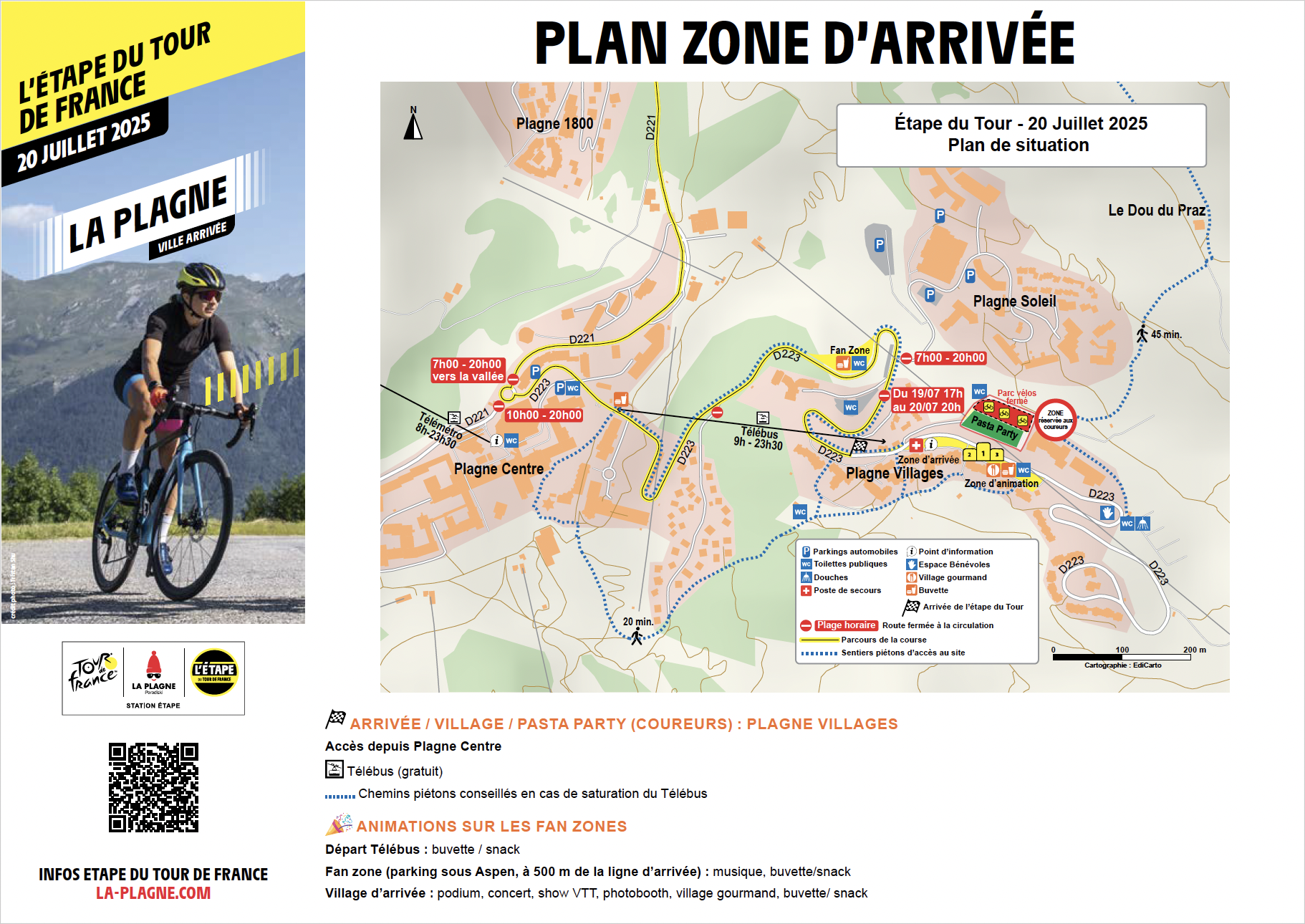 Arrival zone map for L’Étape du Tour in La Plagne, marking the finish line area, fan zones, pasta party for riders, pedestrian routes, public toilets, and shuttle connections for visitors during the event.