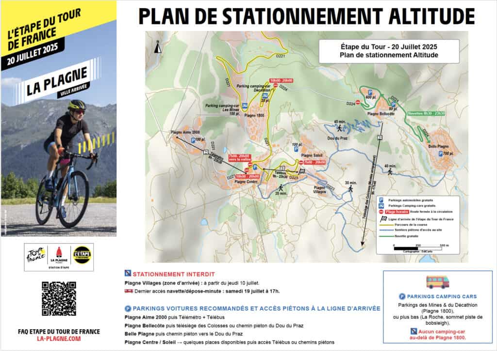 Detailed parking map for L’Étape du Tour de France in La Plagne, showing recommended free car parks, camper van spots, shuttle bus routes, and walking paths to access the finish line zone on 20 July 2025.