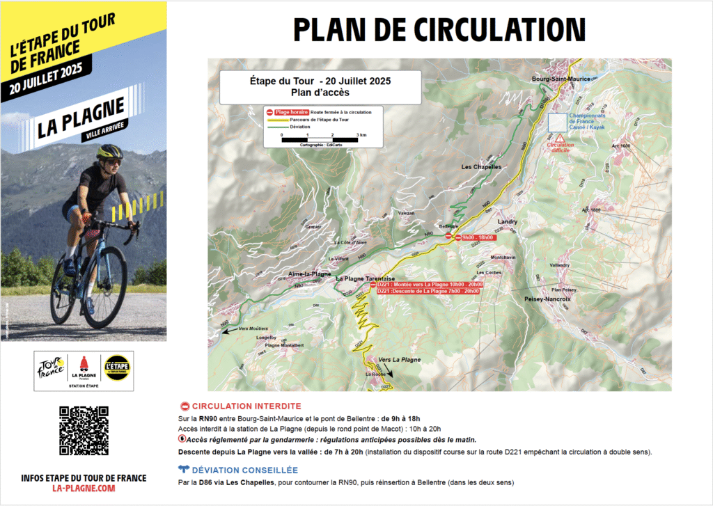 Map showing the circulation plan for L’Étape du Tour de France in La Plagne on 20 July 2025, highlighting road closures, restricted areas, and recommended detours via Les Chapelles to manage traffic during the event.