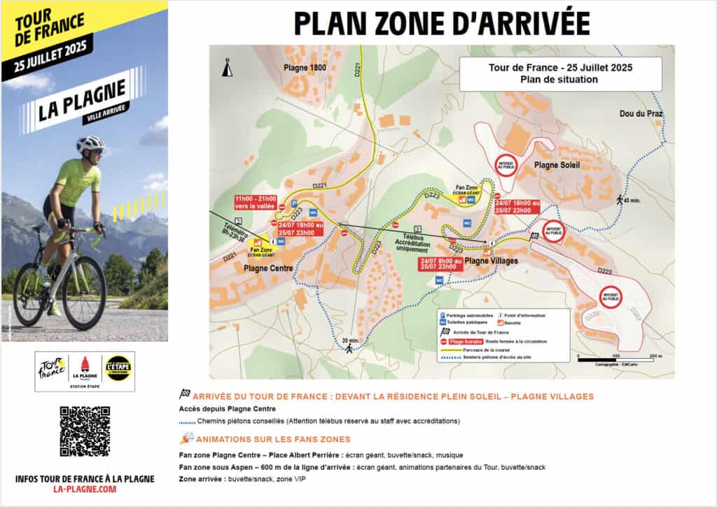 Tour de France finish line map La Plagne showing road closures, fan zones, and access routes.