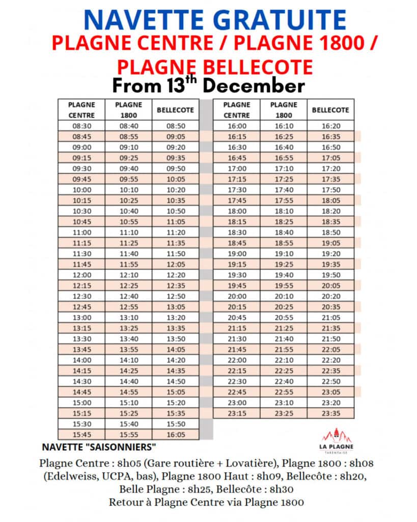 Free shuttle bus timetable between Plagne Centre, Plagne 1800, and Plagne Bellecôte starting from December 13. The chart shows departure times from 08:30 to 23:25 in both morning and afternoon columns, with additional notes for seasonal workers' routes.