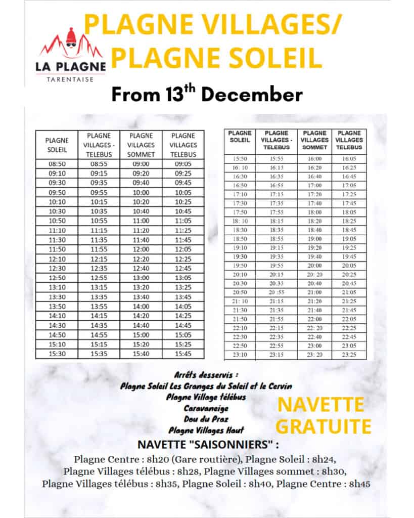 Timetable for the free shuttle bus running between Plagne Soleil, Plagne Villages, and Telebus from December 13. The schedule lists stops from 08:50 to 22:55, including Plagne Villages Sommet and seasonal service details at the bottom.