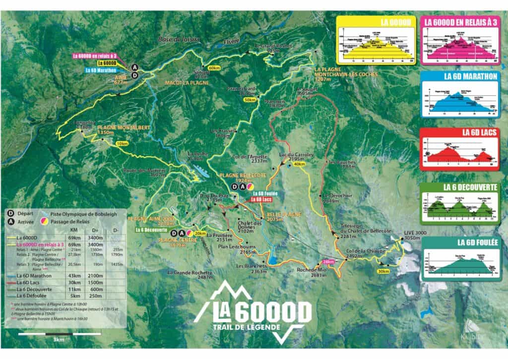 Topographic trail map for La 6000D race, highlighting multiple route options across the French Alps, including La 6000D (yellow), 6D en Relais à 3 (pink), 6D Marathon (blue), 6D Lacs (red), 6 Découverte (green), and 6D Foulée (light blue). Elevation charts and distances are provided for each course, with markers for start, relay points, and finish zones across mountainous terrain and ski resorts like La Plagne and Bellecôte.