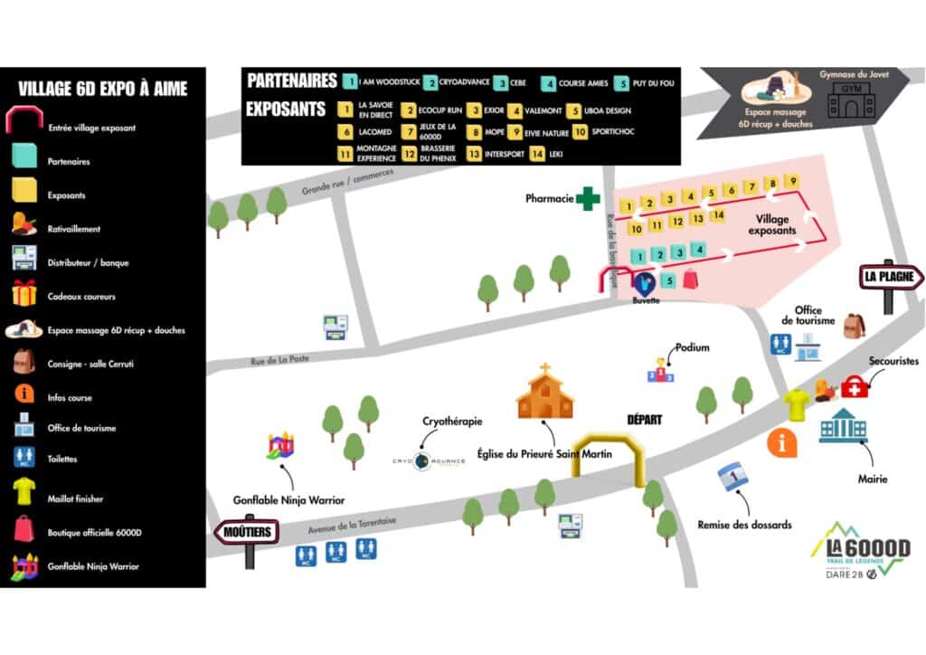 Illustrated map of the 6D Expo Village in Aime for the La 6000D trail event, showing exhibitor booths, amenities, and landmarks like the Eglise du Prieuré Saint Martin, podium area, and inflatable Ninja Warrior zone. Icons mark key features including refreshment stands, official merchandise, massage areas, and the runner's gift station, with a route path guiding visitors through the expo layout.