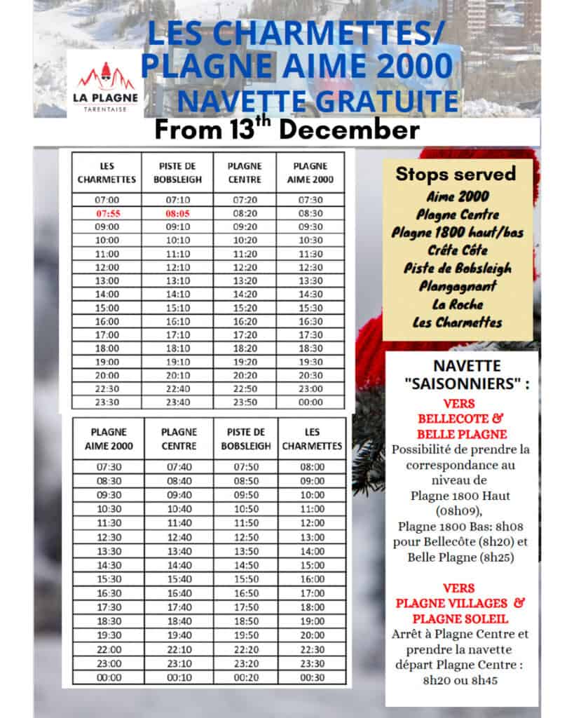 Free shuttle timetable for the Les Charmettes and Plagne Aime 2000 route starting December 13. Includes a full schedule from 07:00 to midnight, a list of stops served like Crête Côte and La Roche, and notes about transfer connections for Bellecôte and Plagne Soleil.