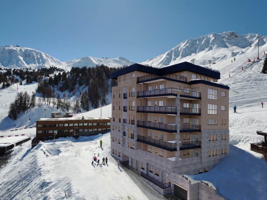 Exterior of Hotel Graciosa, a ski-in ski-out accommodation in La Plagne, ideally located beside the slopes for seamless access to VIP SKI adventures.
