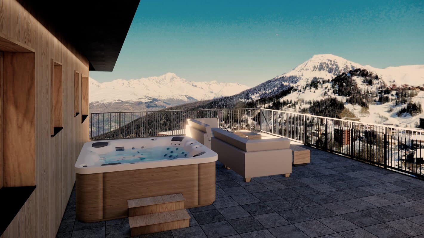 Rooftop terrace at Hotel Graciosa in La Plagne showcasing an inviting hot tub and lounge area, overlooking snow-covered peaks enjoyed by VIP SKI travelers.
