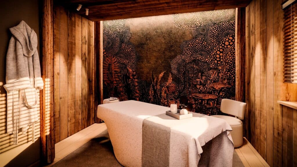 Tranquil spa treatment room at Hotel Graciosa, La Plagne, designed with natural wood and calming artwork, offering relaxing massages for VIP SKI guests.