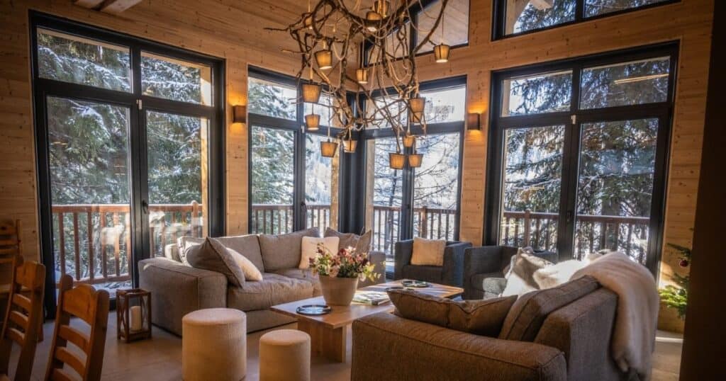 Comfortable seating area at Chalet du Bois Melay, La Plagne, with grey sofas, soft lighting, and expansive windows showcasing snowy trees from this luxury chalet.