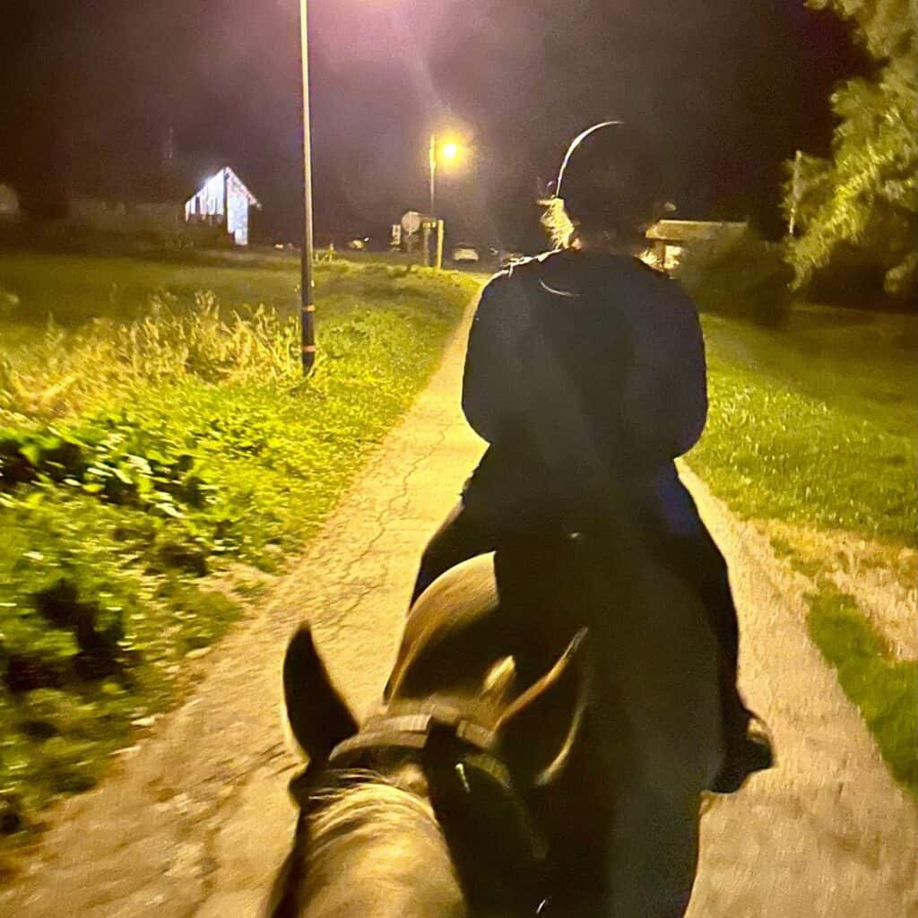 Horseback riders travel down a dimly lit country road at night, guided by street lamps. The soft glow contrasts with the surrounding dark fields in Champagny La Plagne.