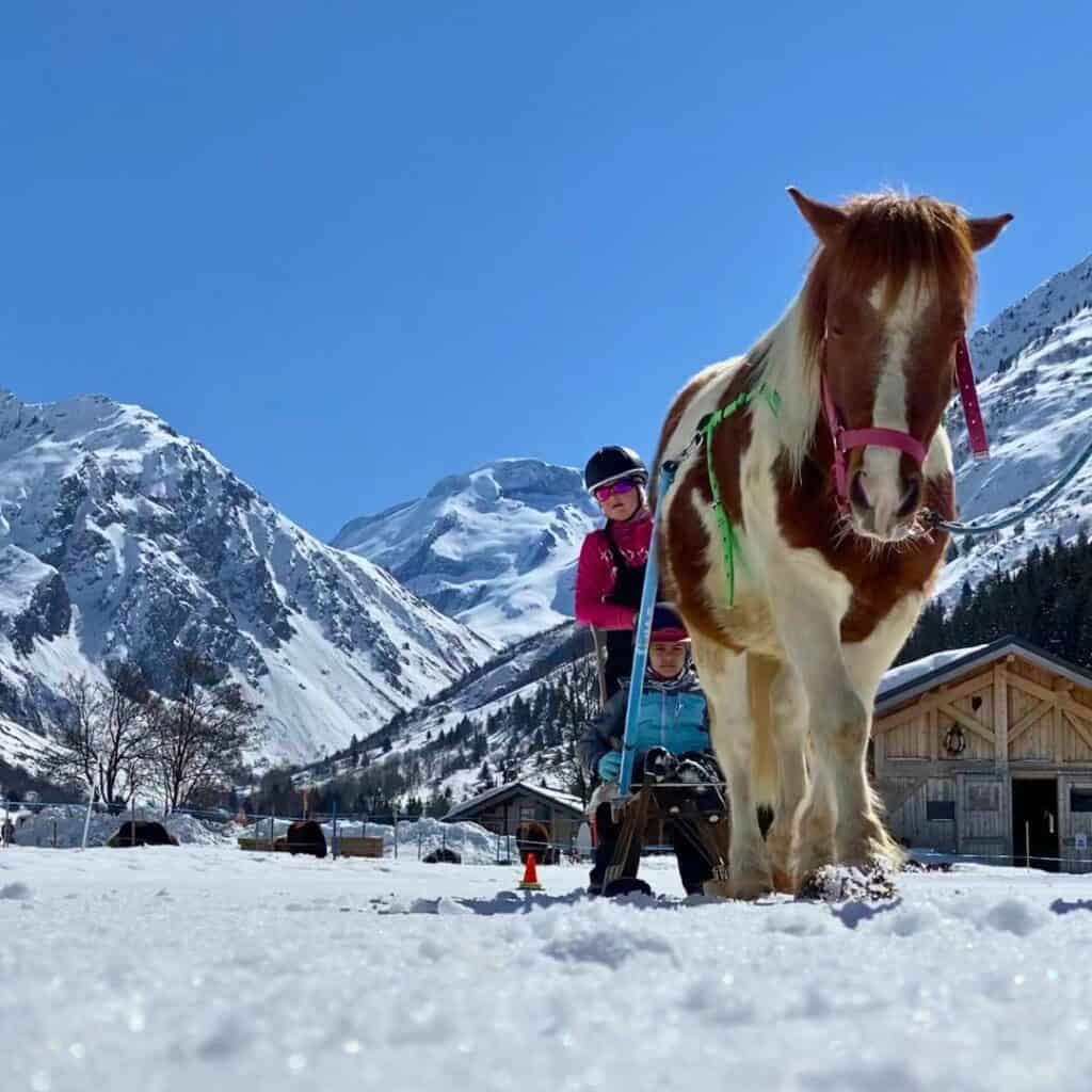 A pony pulls a small sled carrying two children through snow-covered terrain with majestic alpine peaks in the background. The sunny weather and wooden chalets showcase winter horseback adventures in La Plagne.