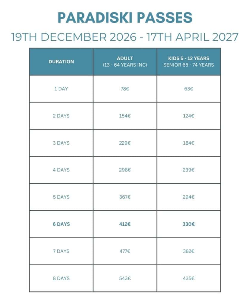 Paradiski lift pass prices for the main 2026–2027 winter season, including adult, child and senior rates from one to eight days.