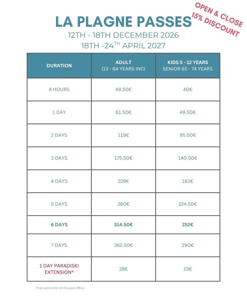 Discounted La Plagne lift pass prices for the opening and closing weeks of the 2026–2027 ski season, with 15% off standard rates.