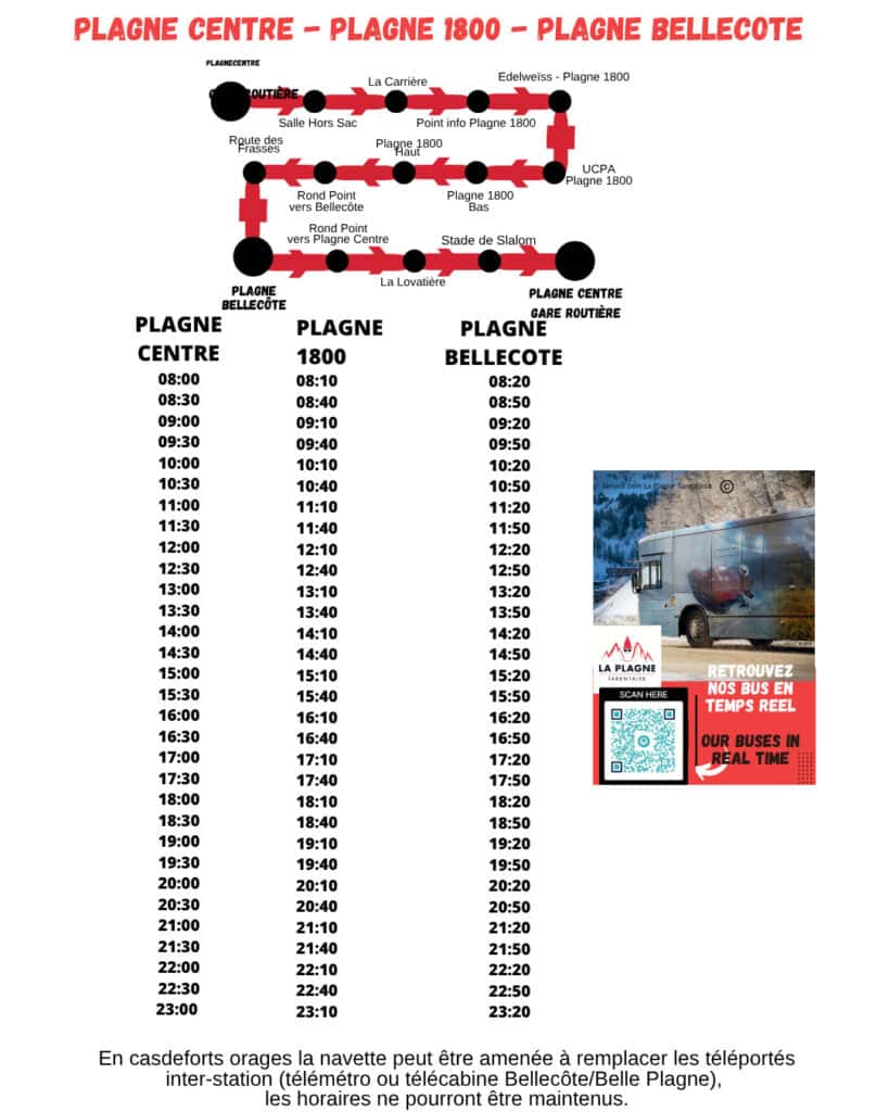 Summer shuttle route map and timetable connecting Plagne Centre, Plagne 1800, and Plagne Bellecôte. The route diagram includes stops such as Gare Routière, Route des Frasses, Salle Hors Sac, La Carrière, Point Info Plagne 1800, Edelweiss, UCPA, Rond Point vers Bellecôte, Rond Point vers Plagne Centre, La Lovatière, and Stade de Slalom, with departure times listed below. A QR code and bus photo promote real time bus tracking.