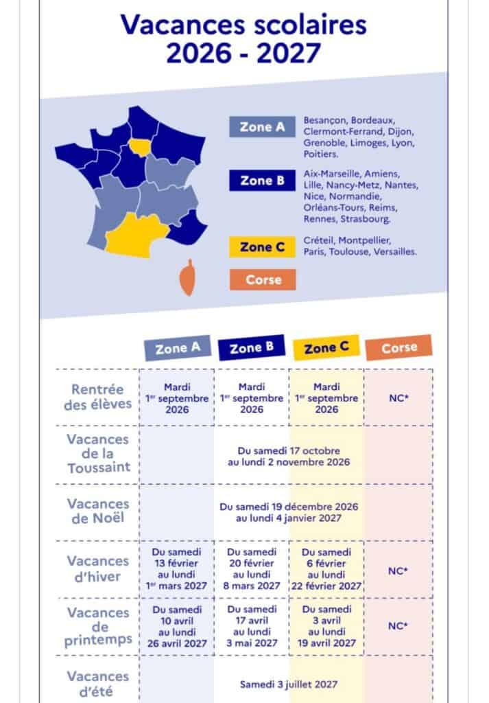 French school holiday dates for each zone 2026/2027