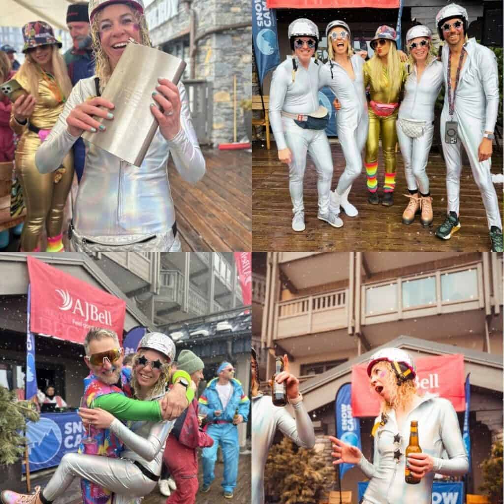 Collage of people in colorful retro ski outfits dancing posing and celebrating with drinks outdoors in the snow. This lively atmosphere shows the social side of the Snow Camp 3 Valley Rally.