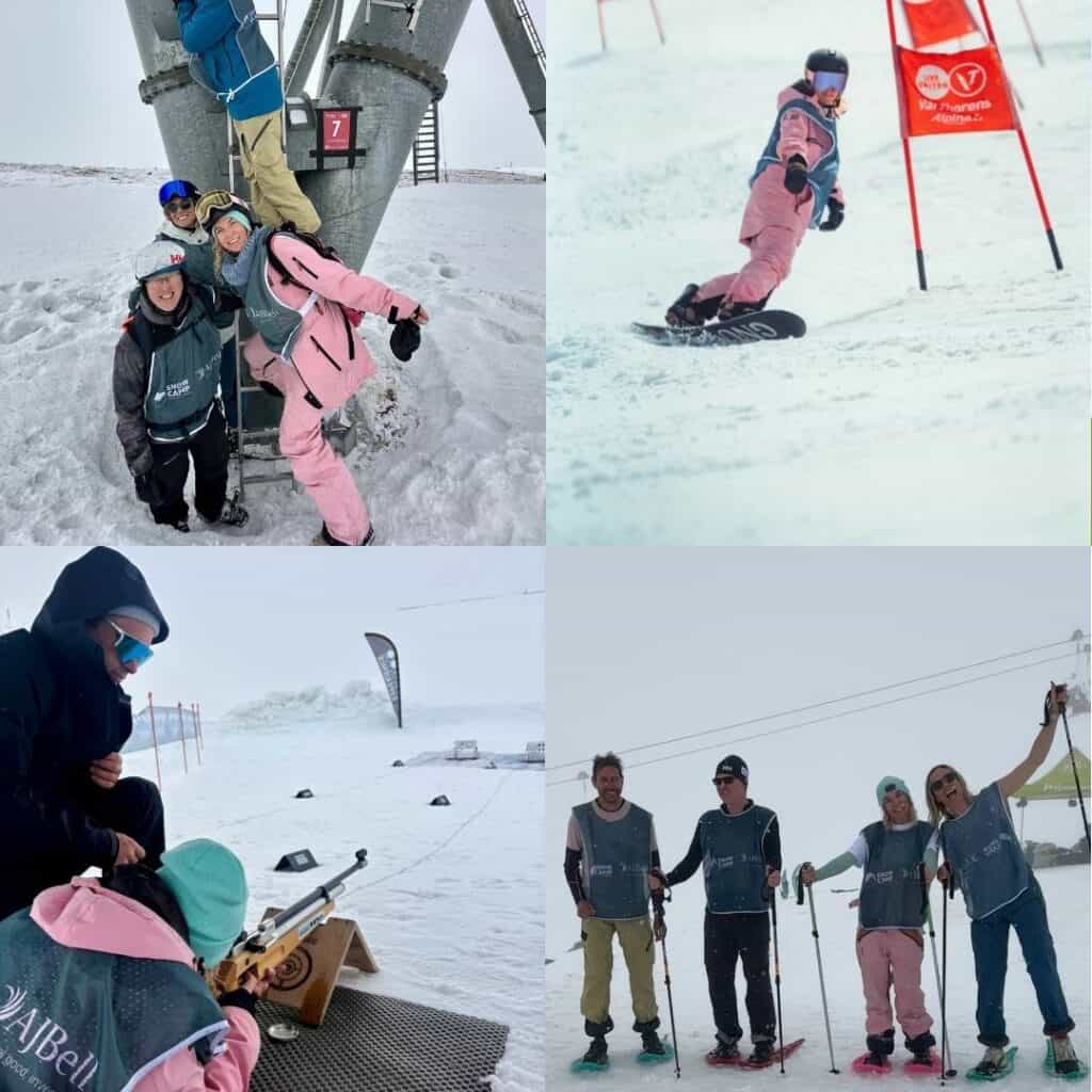 Collage of snowy mountain activities including a group posing by a lift tower a snowboarder riding past a slalom flag and participants taking part in biathlon and snowshoeing. These moments highlight the range of experiences during the Snow Camp 3 Valley Rally.