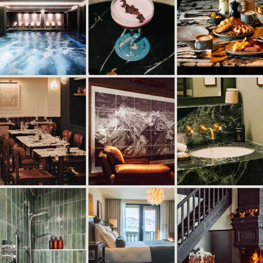 Collage of hotel interiors including a spa pool cocktail breakfast spread dining area bedroom and bathroom. These amenities show the accommodation experience during the Snow Camp 3 Valley Rally.