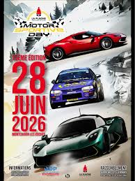 Promotional poster for the Motor Sportive Day summer event in La Plagne featuring a red sports car, a blue race car, and a black hypercar against a mountain themed background. Text highlights the 7th edition taking place on 28 June 2026, showcasing a motorsport themed summer event in La Plagne for car enthusiasts and visitors.