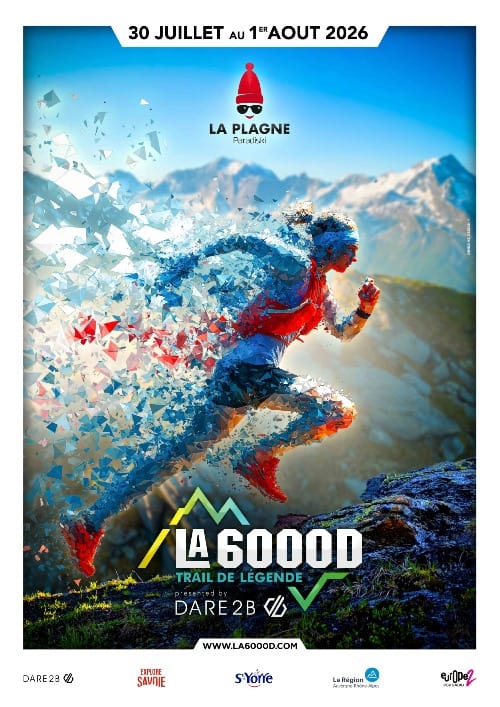 Trail runner crossing a rocky mountain ridge during the La 6000D trail race in La Plagne, taking place from 30 July to 1 August 2026.