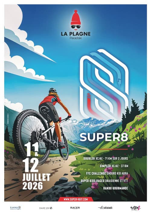 Mountain biker riding an alpine trail during the Super8 mountain biking event in La Plagne on 11 and 12 July 2026.