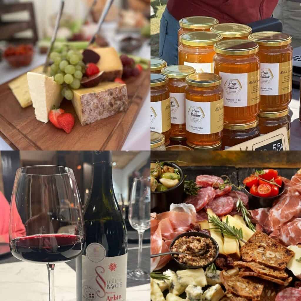 Collage of Savoie specialties including local cheeses, charcuterie boards, jars of golden honey, and glasses of red wine. The regional food and wine scene is a highlight of visiting Annecy and the French Alps.
