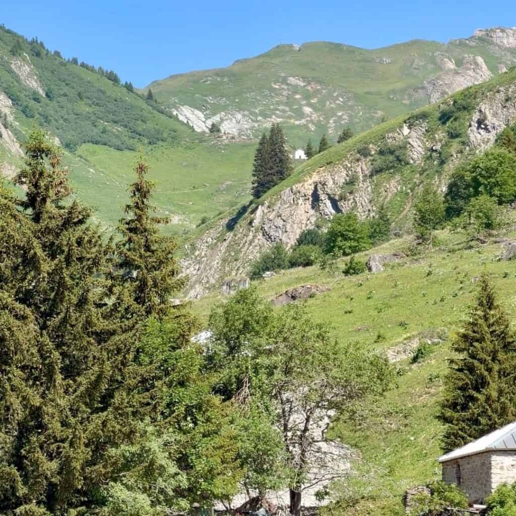 View of the Alpine landscape above Granier where visitors forage seasonal ingredients for local liqueurs.