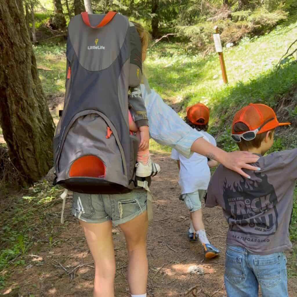 Family walking together through a forest trail with a toddler riding in a backpack carrier. The shaded woodland path offers an easy outdoor adventure for families hiking with young children.