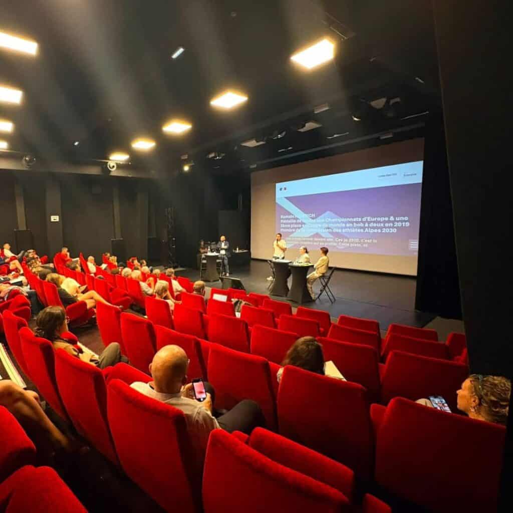 Public consultation meeting presenting plans for the renovation of La Plagne's Olympic bobsleigh track ahead of the 2030 Winter Olympics.