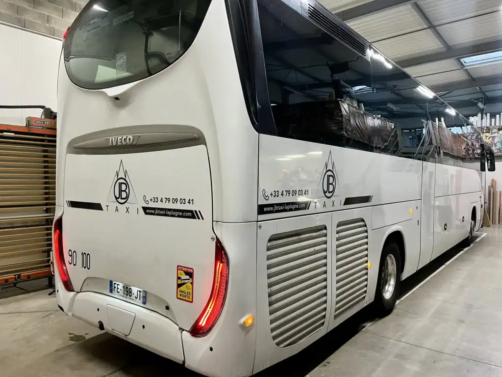JB Taxi 57-seat coach used for large group transfers to and from La Plagne