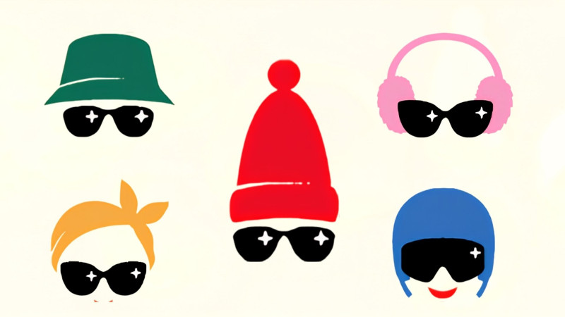 New La Plagne brand poster with three cartoon faces in a red bobble hat, blue earmuffs and a yellow helmet